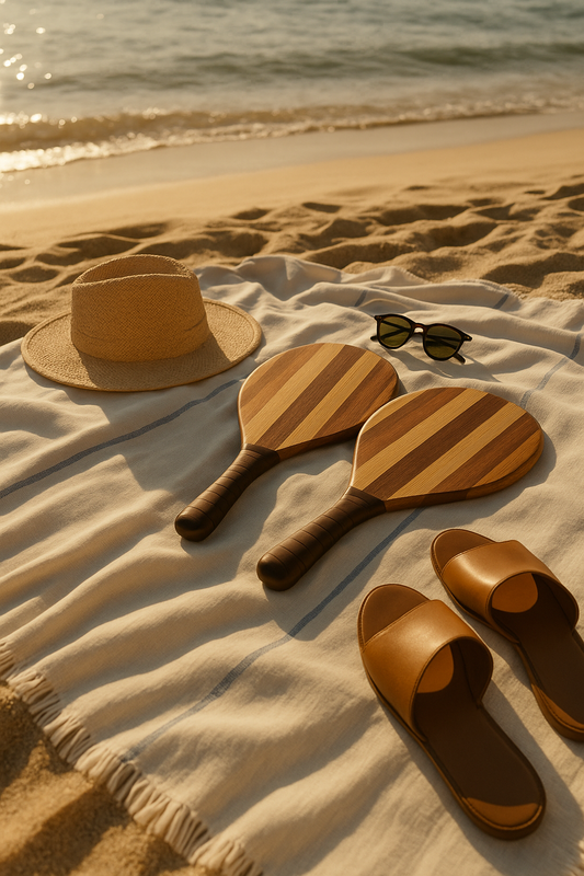 Raquettes de plage artisanales en bois posées sur une serviette rayée au bord de la mer, avec un chapeau, des lunettes de soleil et des sandales, au coucher du soleil