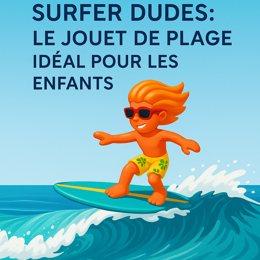 Illustration colorée d’un jouet Surfer Dudes en train de surfer sur une vague, avec le texte 'Surfer Dudes : le jouet de plage idéal pour les enfants' sur fond de ciel bleu