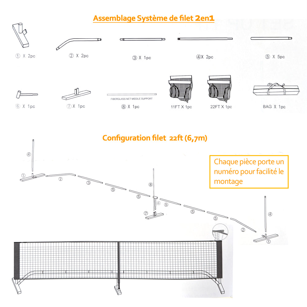 assemble filet pickleball 6,7m 22ft