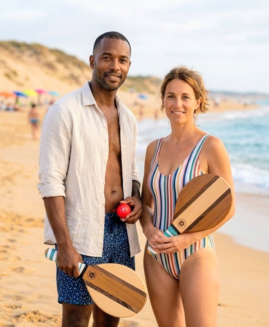 couple tenant des raquettes de frescobol reverso